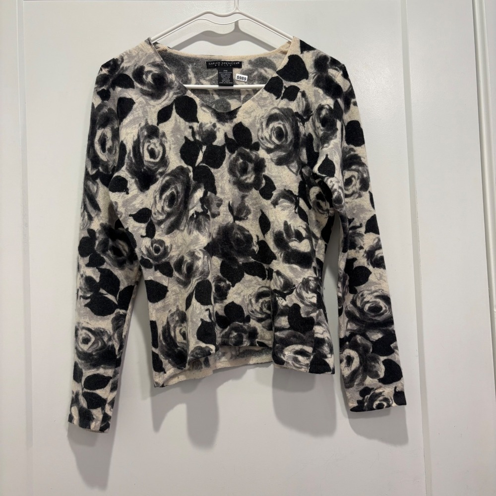 Sarah Spencer Petite Lambswool Angora Floral V-Neck Sweater Black Grey PM